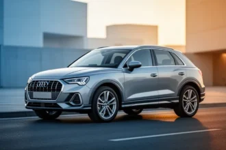 Srebrne Audi Q3 F3 zaparkowane na asfaltowej drodze w otoczeniu minimalistycznej architektury podczas złotej godziny.