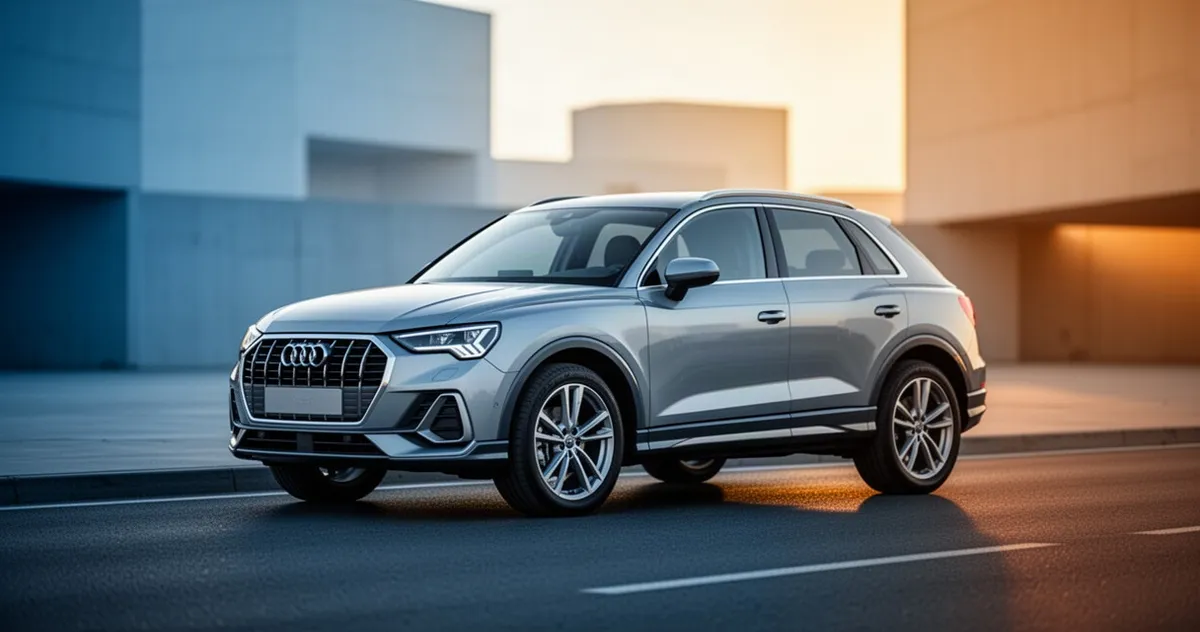 Srebrne Audi Q3 F3 zaparkowane na asfaltowej drodze w otoczeniu minimalistycznej architektury podczas złotej godziny.