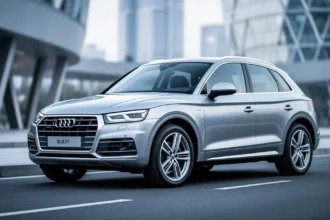 Srebrne Audi Q5 FY zaparkowane na nowoczesnej drodze asfaltowej na tle z rozmytą miejską architekturą.