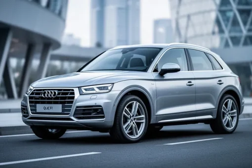 Srebrne Audi Q5 FY zaparkowane na nowoczesnej drodze asfaltowej na tle z rozmytą miejską architekturą.