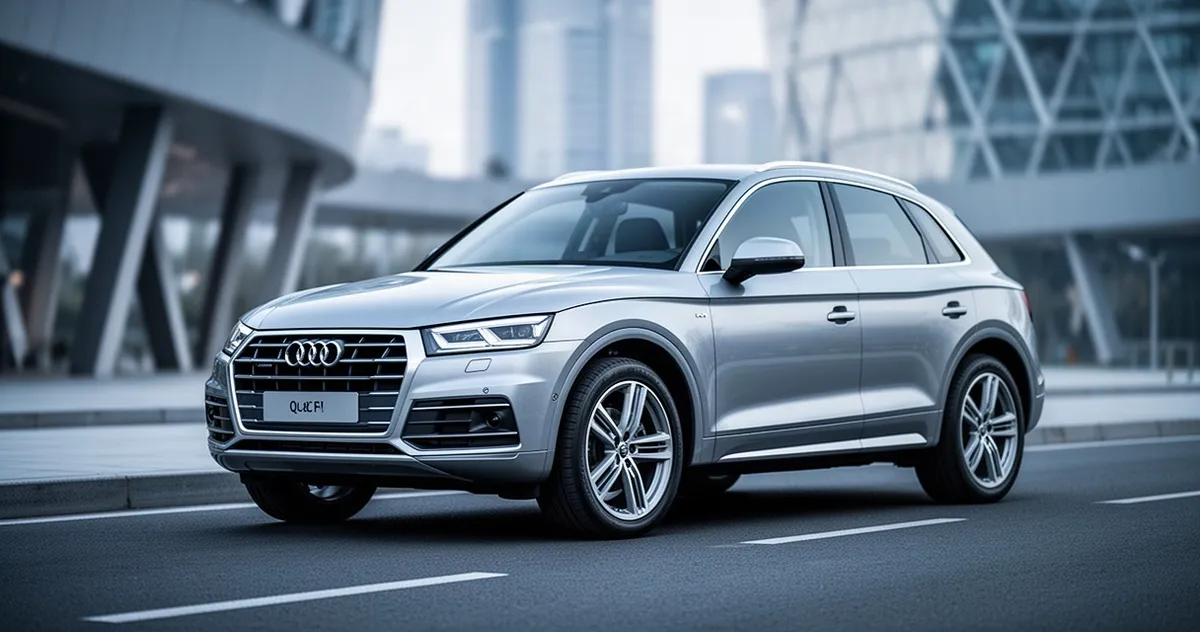 Srebrne Audi Q5 FY zaparkowane na nowoczesnej drodze asfaltowej na tle z rozmytą miejską architekturą.
