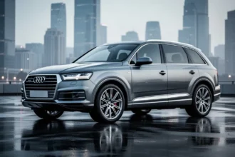 Eleganckie Audi Q7 4M zaparkowane na nowoczesnej, asfaltowej nawierzchni na tle zarysu miejskich wieżowców.