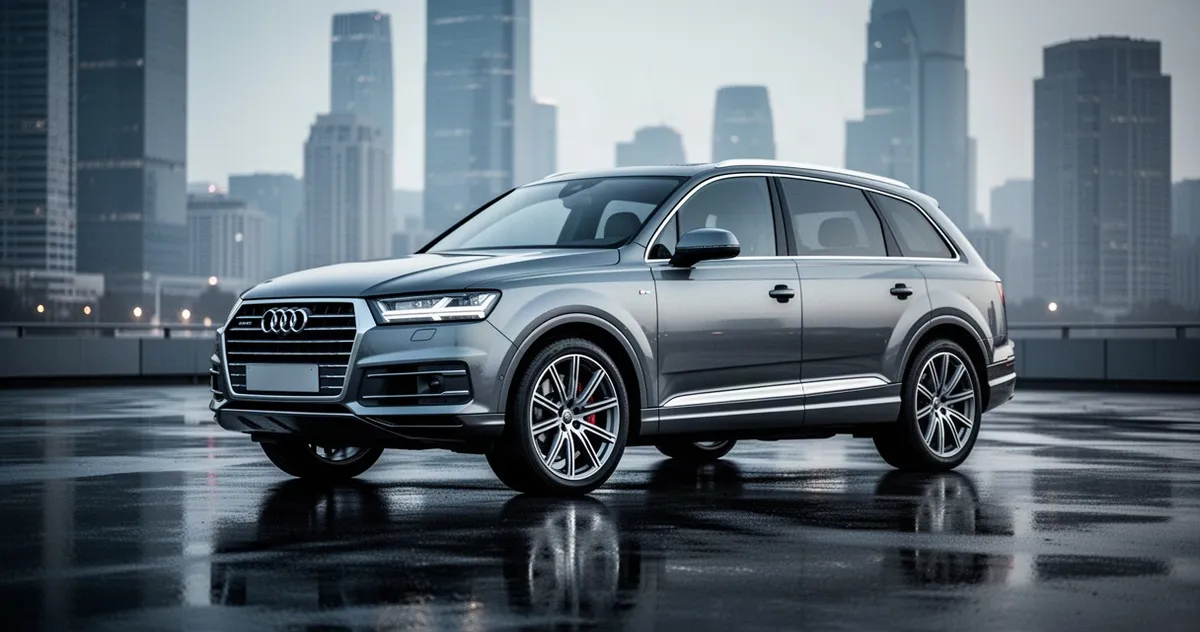 Eleganckie Audi Q7 4M zaparkowane na nowoczesnej, asfaltowej nawierzchni na tle zarysu miejskich wieżowców.