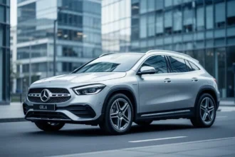 Srebrny Mercedes GLA H247 zaparkowany na nowoczesnej miejskiej ulicy na tle szklanych biurowców.