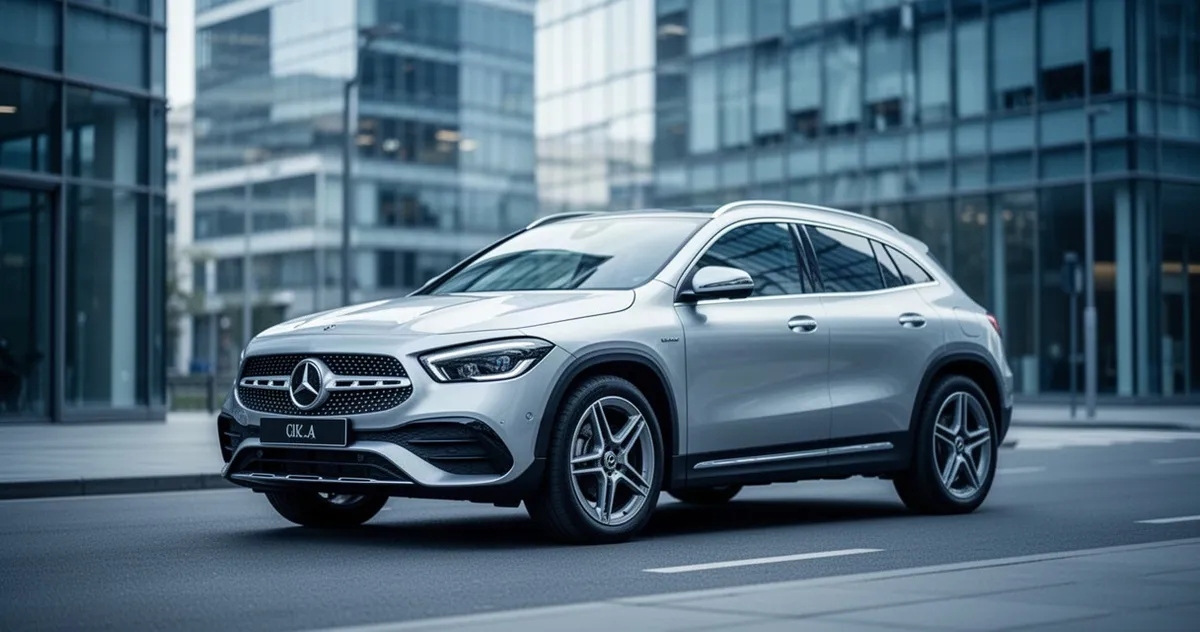 Srebrny Mercedes GLA H247 zaparkowany na nowoczesnej miejskiej ulicy na tle szklanych biurowców.