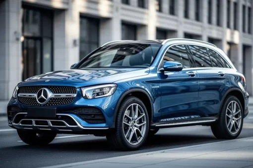 Nowoczesny Mercedes GLC X254 zaparkowany na miejskiej ulicy, z refleksami światła na lśniącym niebieskim nadwoziu.