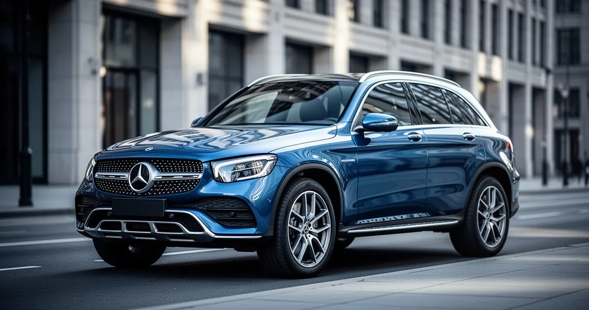 Nowoczesny Mercedes GLC X254 zaparkowany na miejskiej ulicy, z refleksami światła na lśniącym niebieskim nadwoziu.