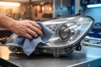 Dłoń mechanika czyści ściereczką z mikrofibry wnętrze zdemontowanego klosza lampy samochodowej na warsztatowym stole.