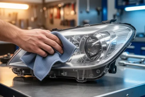 Dłoń mechanika czyści ściereczką z mikrofibry wnętrze zdemontowanego klosza lampy samochodowej na warsztatowym stole.
