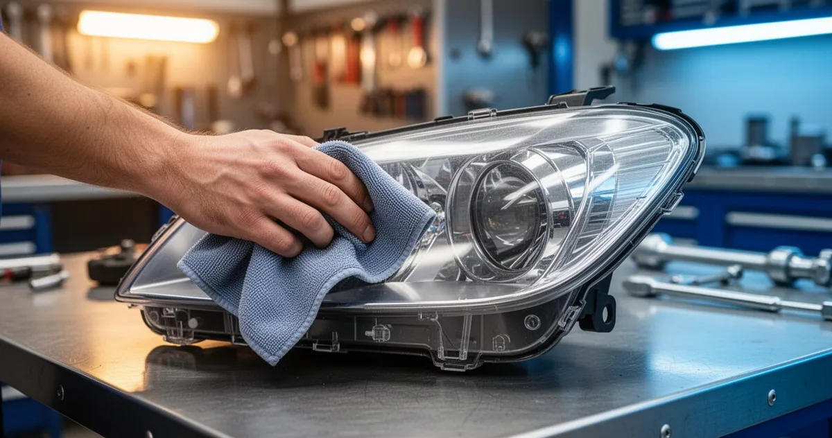Dłoń mechanika czyści ściereczką z mikrofibry wnętrze zdemontowanego klosza lampy samochodowej na warsztatowym stole.