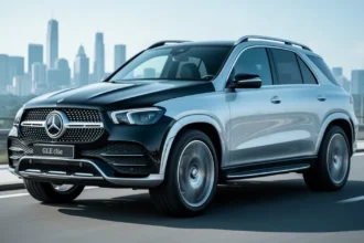 Elegancki czarny SUV Mercedes GLE V167 sfotografowany z przodu w świetle dziennym na tle nowoczesnego krajobrazu miejskiego.