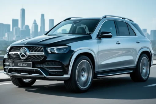 Elegancki czarny SUV Mercedes GLE V167 sfotografowany z przodu w świetle dziennym na tle nowoczesnego krajobrazu miejskiego.