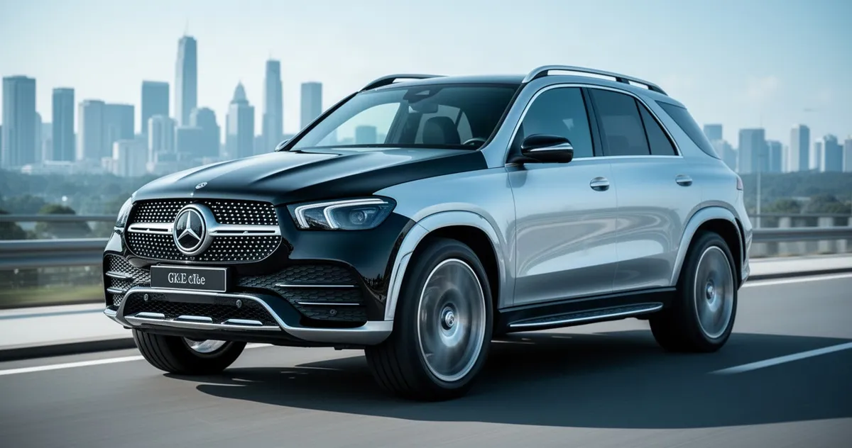 Elegancki czarny SUV Mercedes GLE V167 sfotografowany z przodu w świetle dziennym na tle nowoczesnego krajobrazu miejskiego.