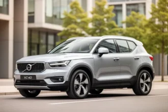 Srebrny SUV Volvo XC40 zaparkowany na nowoczesnej miejskiej ulicy w świetle dnia.