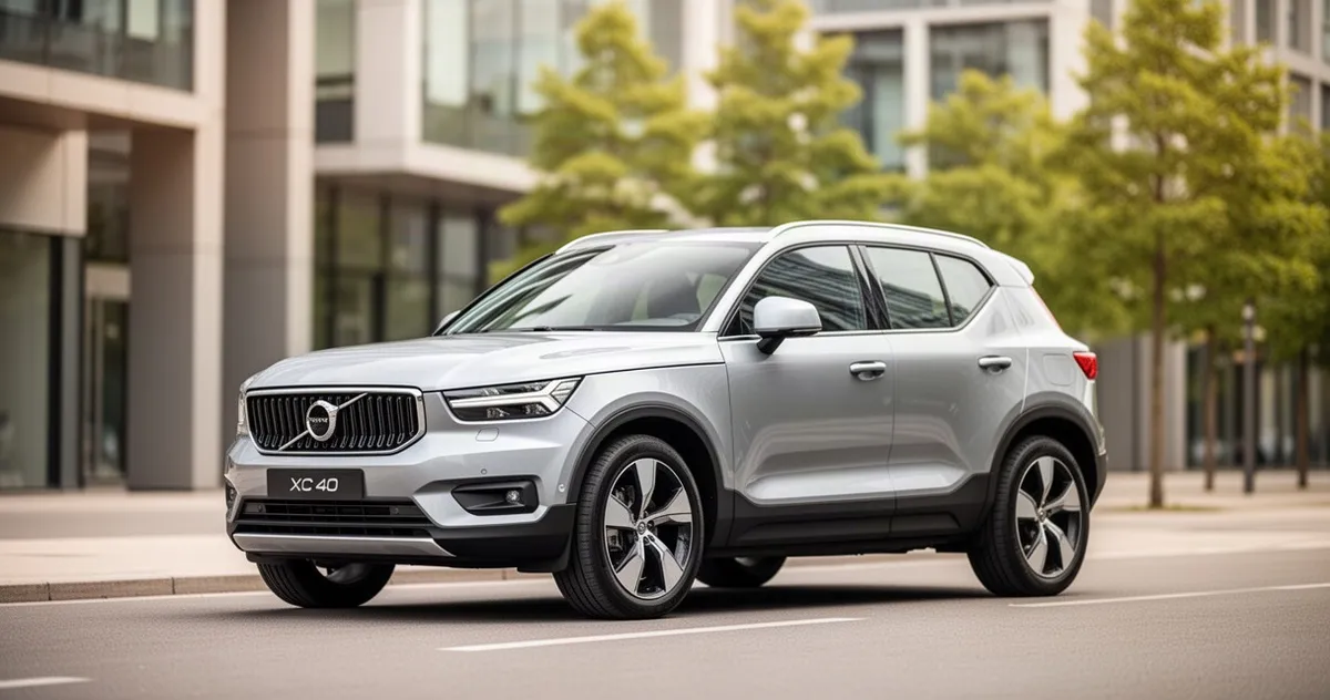 Srebrny SUV Volvo XC40 zaparkowany na nowoczesnej miejskiej ulicy w świetle dnia.