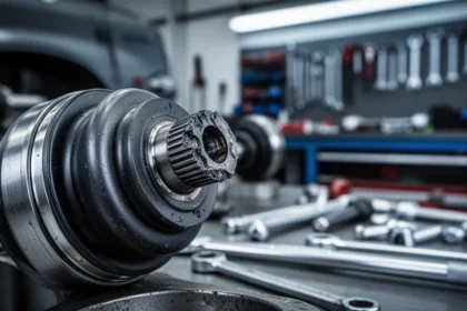 Zbliżenie na zużyty przegub zewnętrzny samochodu z widocznymi śladami uszkodzeń na tle rozmytego warsztatu mechanicznego.