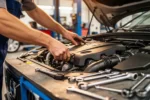 Dłonie mechanika naprawiające silnik samochodu Volvo w nowoczesnym warsztacie z narzędziami w tle.