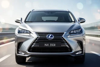 Srebrny SUV Lexus NX 350h na nowoczesnej drodze w świetle dziennym, widok z przodu.