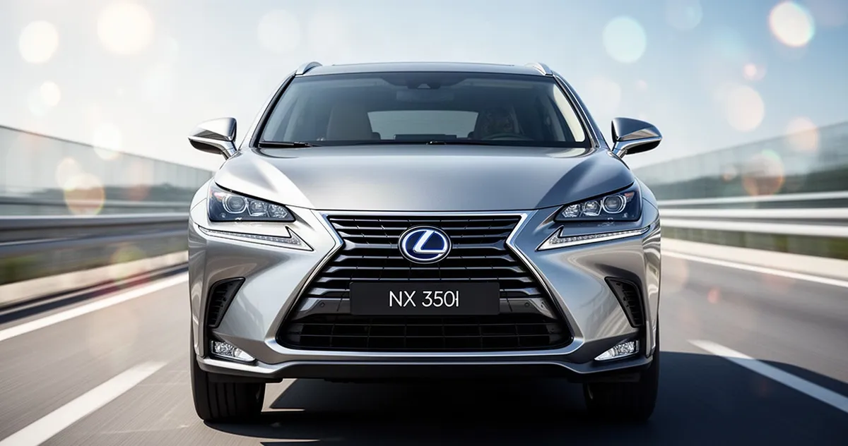 Srebrny SUV Lexus NX 350h na nowoczesnej drodze w świetle dziennym, widok z przodu.