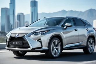 Srebrny Lexus RX 450h widziany z przodu na tle nowoczesnego miasta i gór w świetle dziennym.