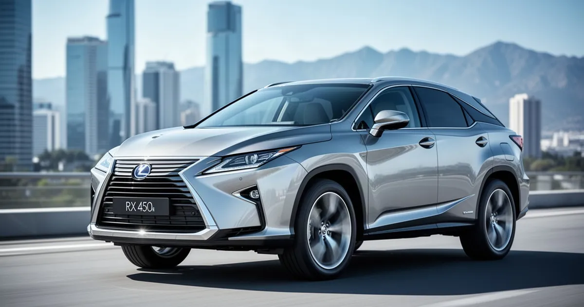 Srebrny Lexus RX 450h widziany z przodu na tle nowoczesnego miasta i gór w świetle dziennym.