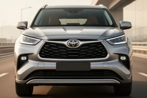 Zbliżenie na przód Toyoty Highlander z wyrazistym grillem i reflektorami LED na tle nowoczesnej drogi.