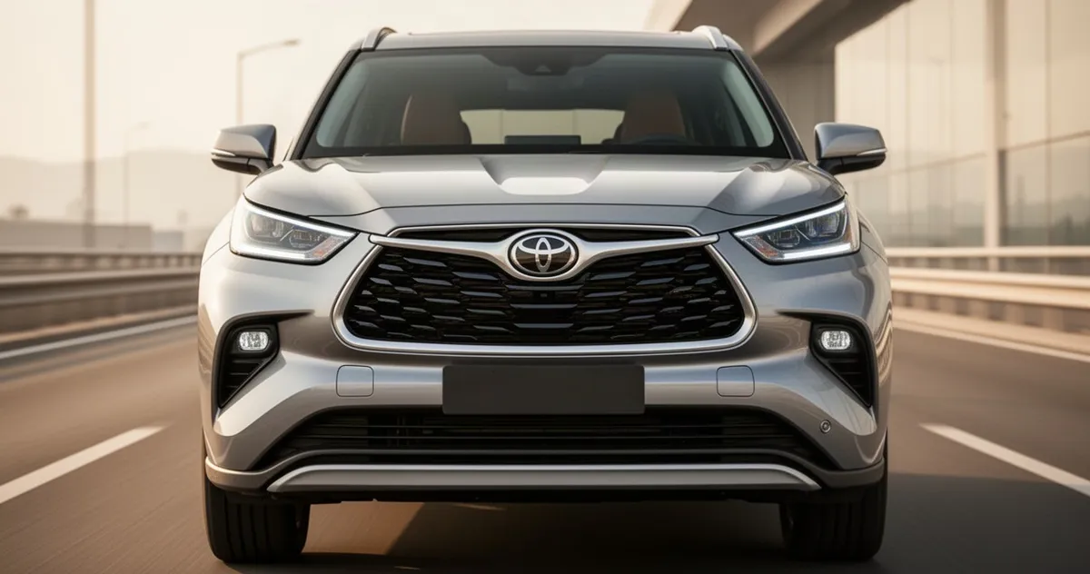 Zbliżenie na przód Toyoty Highlander z wyrazistym grillem i reflektorami LED na tle nowoczesnej drogi.