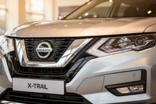 Zbliżenie na srebrny przód Nissana X-Trail IV z widocznymi reflektorami i wlotem powietrza w salonie samochodowym.