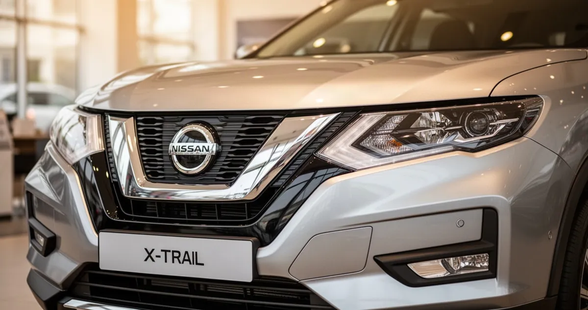 Zbliżenie na srebrny przód Nissana X-Trail IV z widocznymi reflektorami i wlotem powietrza w salonie samochodowym.