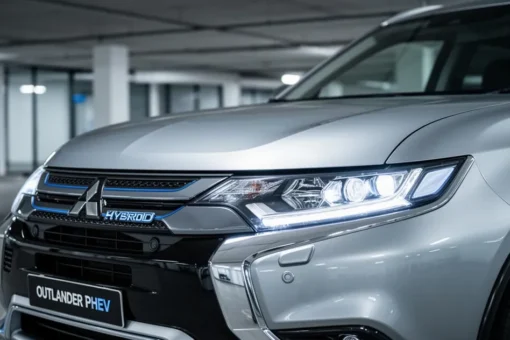 Srebrny Mitsubishi Outlander PHEV z nowoczesnymi reflektorami LED w minimalistycznym salonie.