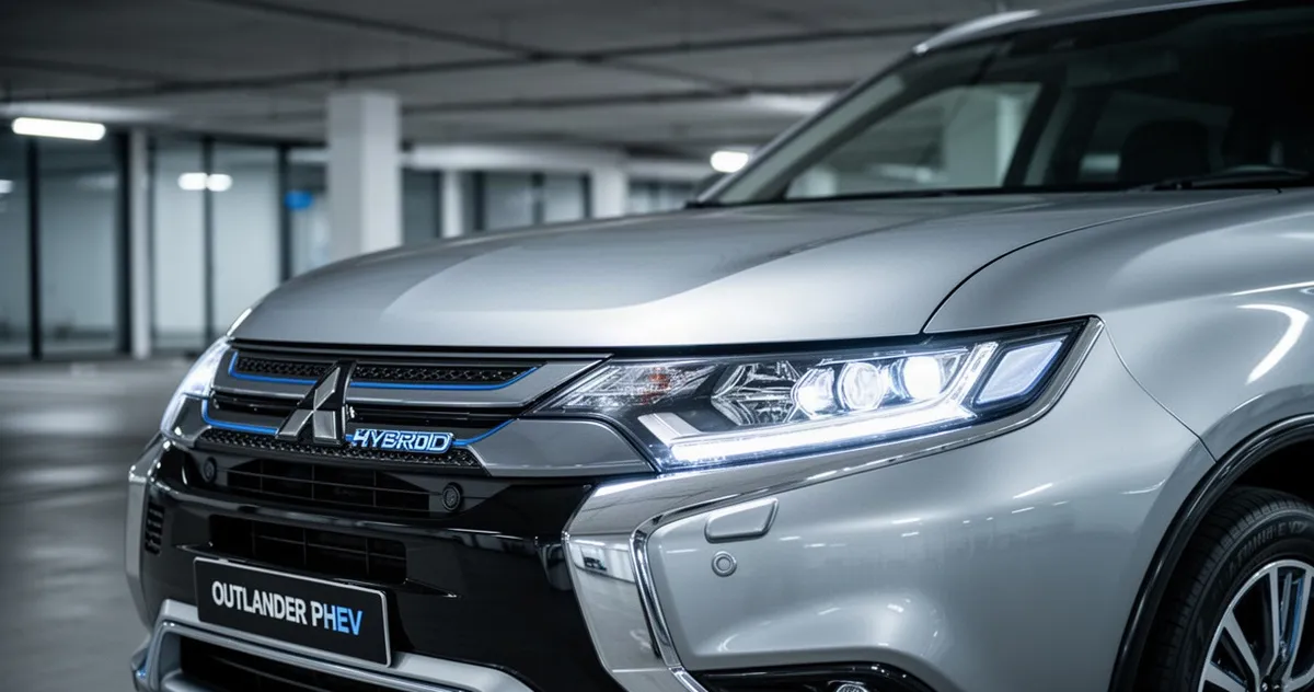 Srebrny Mitsubishi Outlander PHEV z nowoczesnymi reflektorami LED w minimalistycznym salonie.
