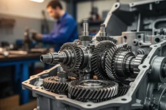 Zbliżenie na wnętrze automatycznej skrzyni biegów z widocznymi metalowymi trybami i elementami hydraulicznymi w warsztacie.