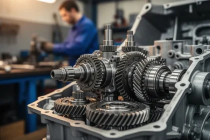 Zbliżenie na wnętrze automatycznej skrzyni biegów z widocznymi metalowymi trybami i elementami hydraulicznymi w warsztacie.