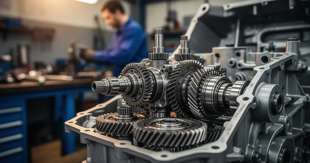 Zbliżenie na wnętrze automatycznej skrzyni biegów z widocznymi metalowymi trybami i elementami hydraulicznymi w warsztacie.