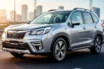 Srebrny Subaru Forester V widziany z przodu i z boku na nowoczesnej autostradzie w świetle popołudniowego słońca.