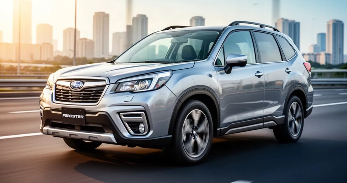 Srebrny Subaru Forester V widziany z przodu i z boku na nowoczesnej autostradzie w świetle popołudniowego słońca.
