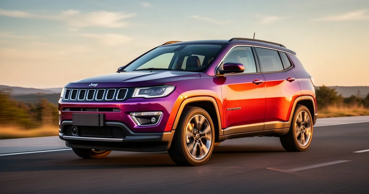 Elegancki SUV Jeep Compass na asfaltowej drodze w świetle złotej godziny, widok z przodu pod kątem.