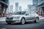 Srebrna Skoda Superb III zaparkowana na nowoczesnej drodze asfaltowej na tle zamazanego krajobrazu miejskiego.