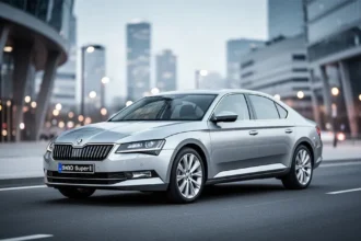 Srebrna Skoda Superb III zaparkowana na nowoczesnej drodze asfaltowej na tle zamazanego krajobrazu miejskiego.