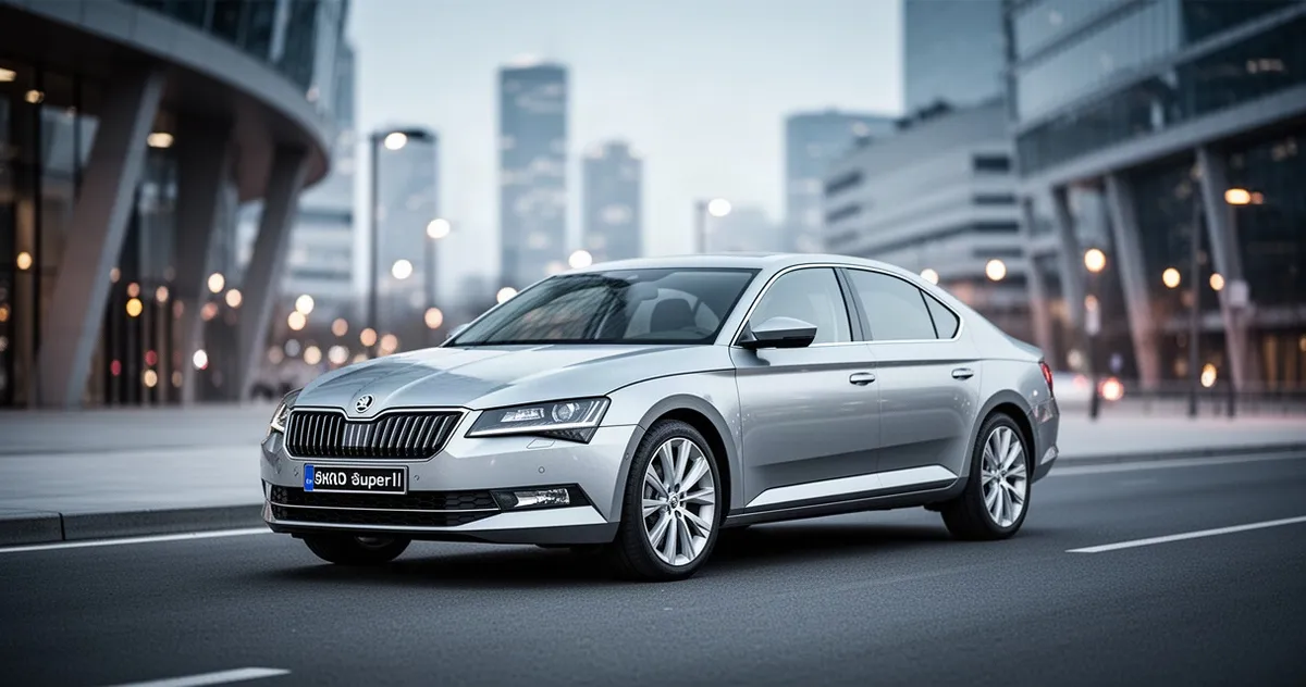 Srebrna Skoda Superb III zaparkowana na nowoczesnej drodze asfaltowej na tle zamazanego krajobrazu miejskiego.