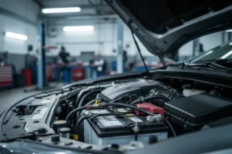 Otwarta maska samochodu z widocznym silnikiem, skupienie na akumulatorze i przewodach wewnątrz warsztatu mechanicznego.