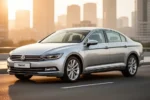 Srebrny Volkswagen Passat B8 zaparkowany na asfaltowej drodze w promieniach zachodzącego słońca na tle miejskiego krajobrazu.
