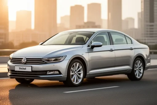 Srebrny Volkswagen Passat B8 zaparkowany na asfaltowej drodze w promieniach zachodzącego słońca na tle miejskiego krajobrazu.