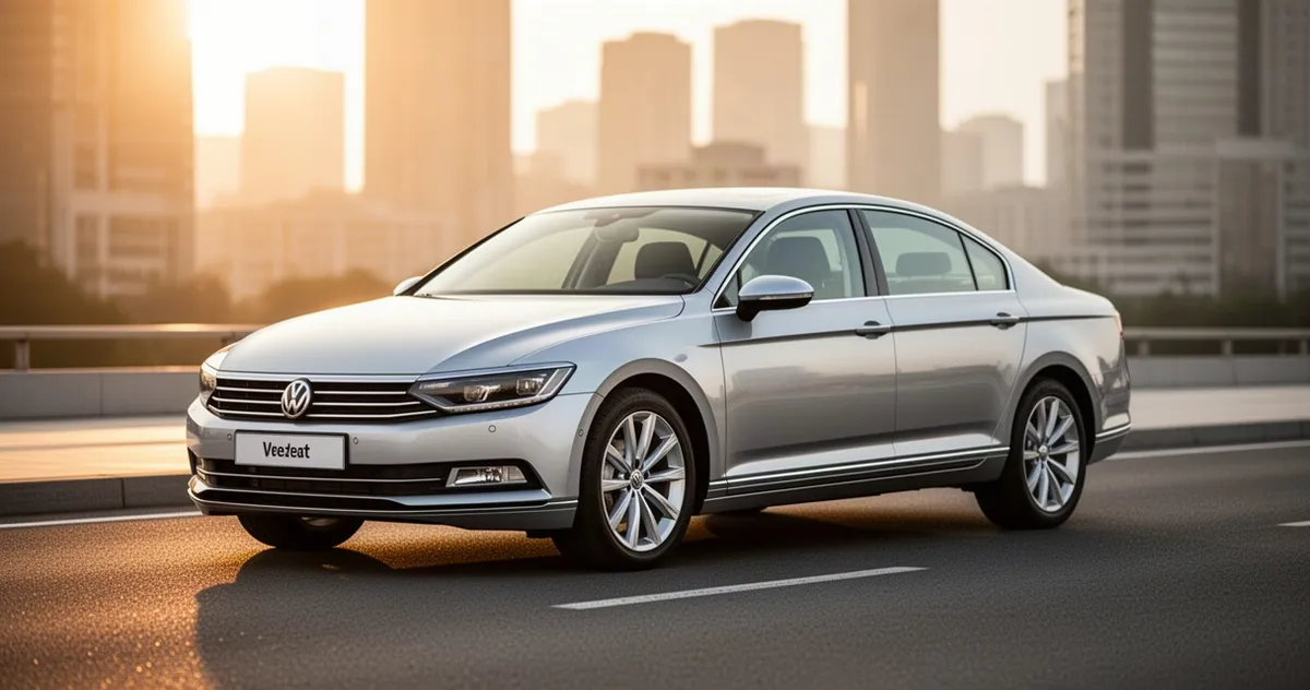 Srebrny Volkswagen Passat B8 zaparkowany na asfaltowej drodze w promieniach zachodzącego słońca na tle miejskiego krajobrazu.