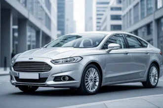 Srebrny Ford Mondeo V zaparkowany na nowoczesnej miejskiej ulicy z rozmytym tłem architektury.