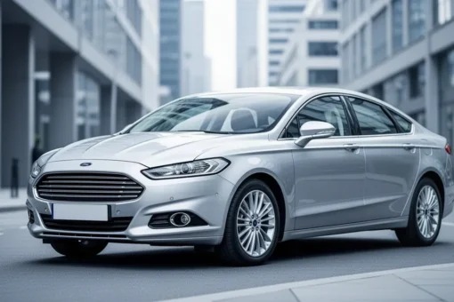 Srebrny Ford Mondeo V zaparkowany na nowoczesnej miejskiej ulicy z rozmytym tłem architektury.