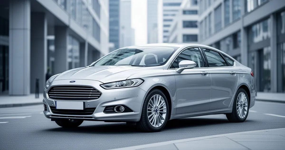 Srebrny Ford Mondeo V zaparkowany na nowoczesnej miejskiej ulicy z rozmytym tłem architektury.