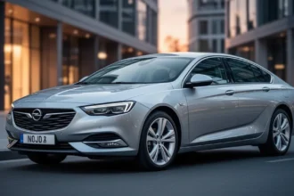 Srebrny Opel Insignia B zaparkowany na nowoczesnej ulicy miejskiej w ciepłym świetle zachodzącego słońca.