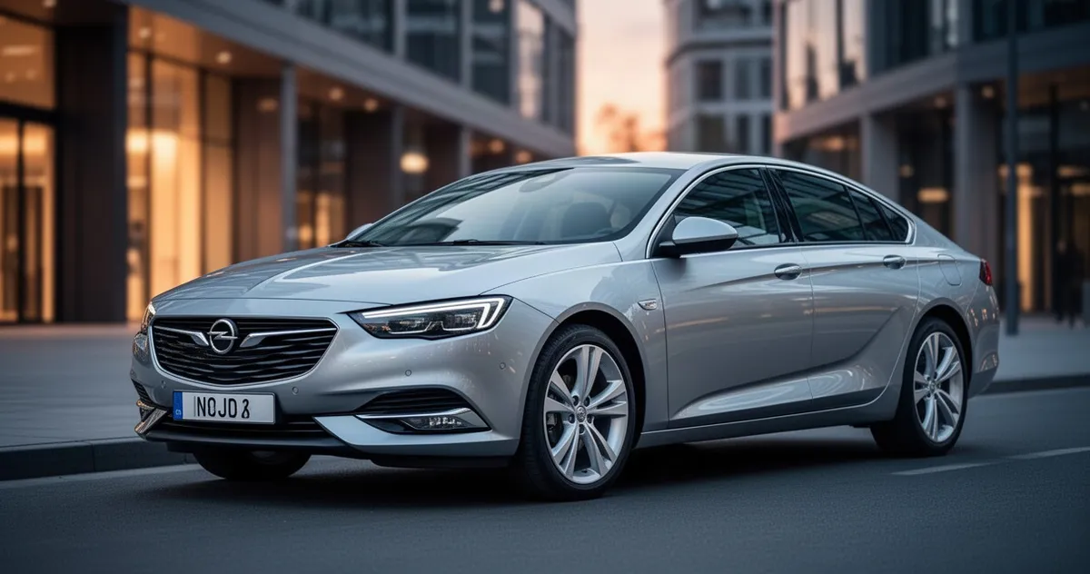 Srebrny Opel Insignia B zaparkowany na nowoczesnej ulicy miejskiej w ciepłym świetle zachodzącego słońca.