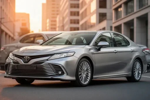 Srebrna Toyota Camry zaparkowana na nowoczesnej ulicy w blasku zachodzącego słońca.